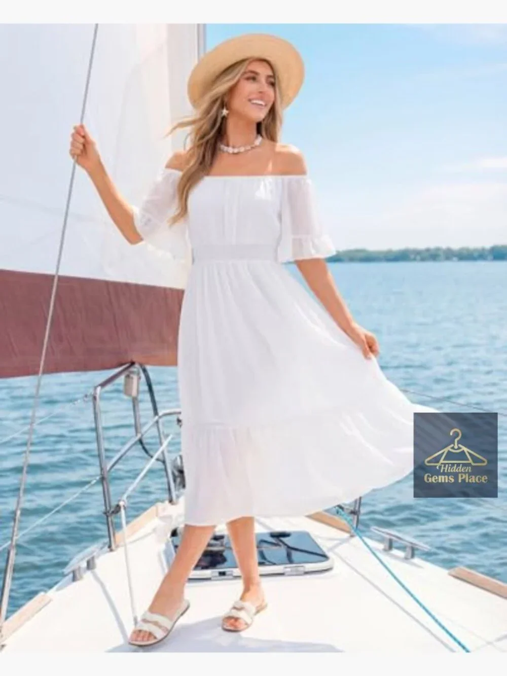 Off Shoulder Midi Dress Ruffle Sleeve Smocked Elastic Waist Flowy Bohemian